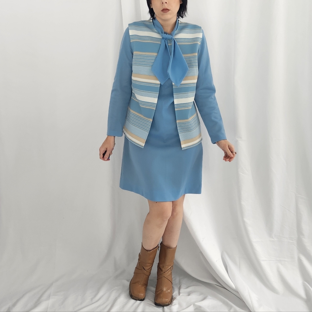 70s Blue Double Knit Polyester Dress with Vest Set‎